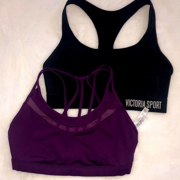 Victoria Secret SPORT Small 2 Bra Bundle Black and Purple Cross Back - Picture 2 of 5